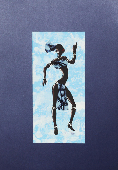 'Kpanlogo Dance III' - Gemälde einer tanzenden Frau in einem blauen Baumwollkleid
