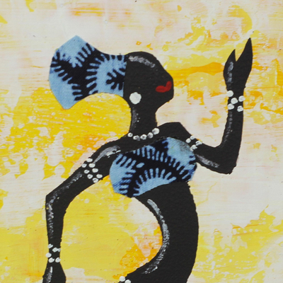 'Kpanlogo Dance Yellow I' - Signiertes Gemälde einer tanzenden Frau in einem blauen Baumwollkleid