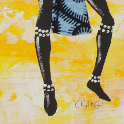 'Kpanlogo Dance Yellow I' - Signed Painting of a Dancing Woman in a Blue Cotton Dress