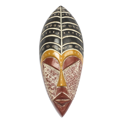 African wood mask, 'Royal Texture' - Black and Red African Wood Mask with Embossed Aluminum