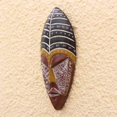 African wood mask, 'Royal Texture' - Black and Red African Wood Mask with Embossed Aluminum