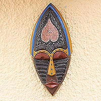 African wood mask, 'Upside-Down Heart' - Heart-Themed African Wood Mask from Ghana