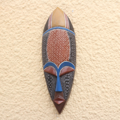 African wood mask, 'Feminine Patterns' - African Wood Mask Accented with Embossed Aluminum