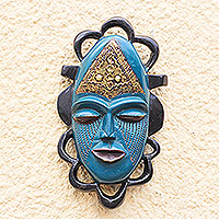 African wood mask, 'Blue Beauty' - Blue Sese Wood and Brass African Mask from Ghana
