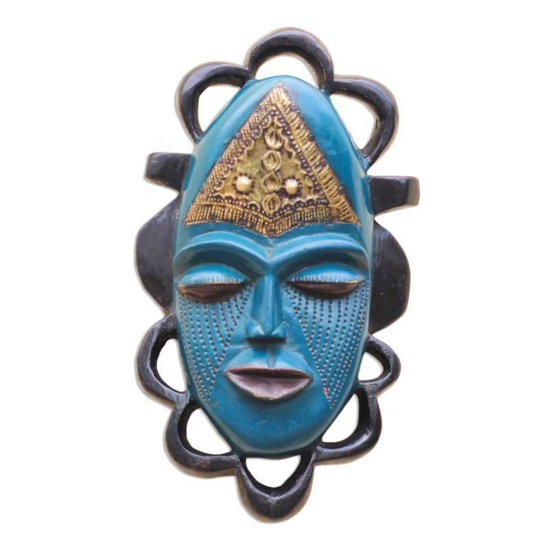 パクボゴム Ghanaグッズ Blue Sese Wood and Brass African Mask from Ghana - Blue Beauty