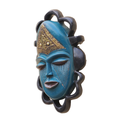 Máscara de madera africana - Máscara africana de madera de Sese azul y latón de Ghana