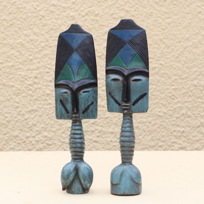 Wood fertility dolls, 'Blue Ashanti' (pair) - Ashanti-Style Wood Fertility Dolls from Ghana (Pair)