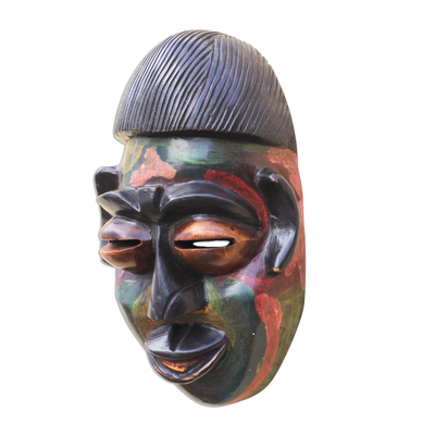 African wood mask, 'Colorful Ewe' - Multicolored African Wood Mask Crafted in Ghana
