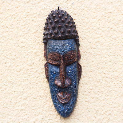 Máscara de madera africana - Máscara africana de madera y aluminio azul y marrón de Ghana