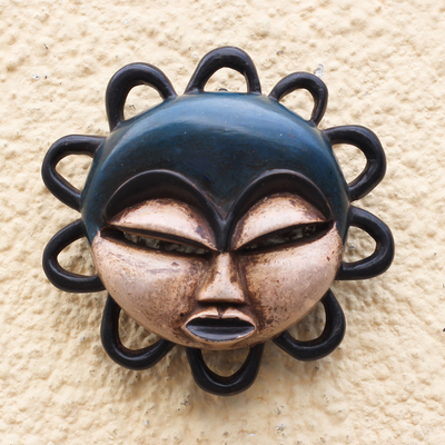 Máscara de madera africana - Máscara de madera africana azul y beige de Ghana