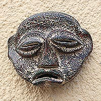 African wood mask, 'Aduji' - Textured Rustic African Wood Mask Crafted in Ghana