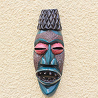 African wood mas, 'A Happy Man' - Blue Sese Wood and Aluminum African Mask from Ghana
