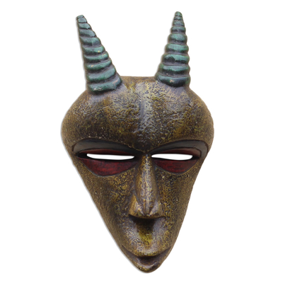 Gold-Tone African Wood Goat Mask from Ghana