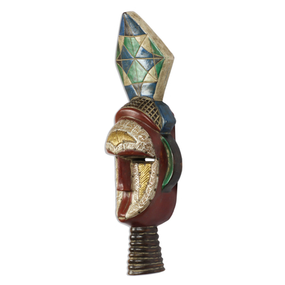 African wood mask, 'Dzigbordi Beauty' - Aluminum and Brass Accented African Wood Mask from Ghana