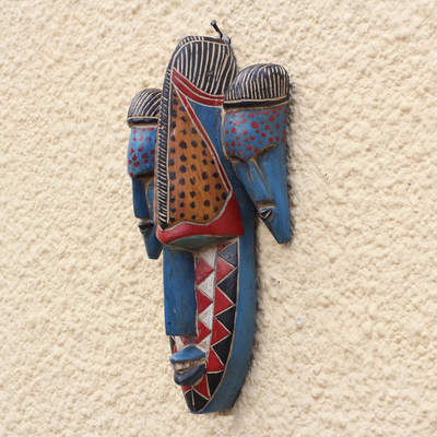 African wood mask, 'Triple Head' - Colorful African Wood Mask Depicting Three Heads from Ghana