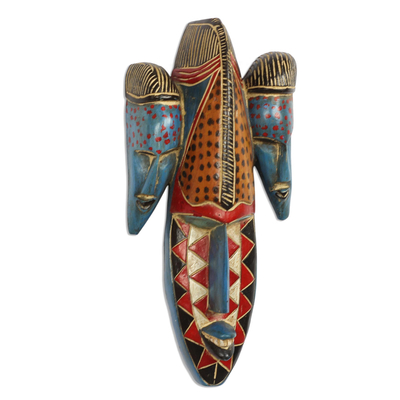 African wood mask, 'Triple Head' - Colorful African Wood Mask Depicting Three Heads from Ghana