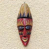 African wood mask, 'Fiery Face' - Fire Motif African Wood Mask from Ghana