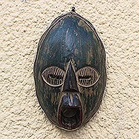 African wood mask, 'Rustic Obua' - Rustic African Wood Mask in Green from Ghana