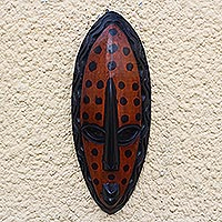 African wood mask, 'Nhyira Dots' - Spotted African Wood Mask in Orange from Ghana