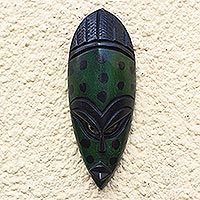 African wood mask, 'Odo Dots' - Spotted African Wood Mask in Green from Ghana