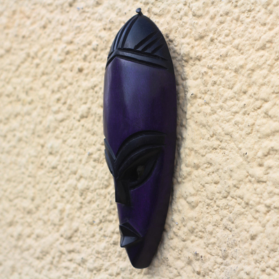 African wood mask, 'Akiti Beauty' - African Sese Wood Mask in Cobalt from Ghana