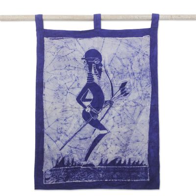 Batik cotton wall hanging, 'The Mystic Hunter of Mamfe' - Handcrafted West African Cotton Batik Wall Hanging