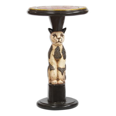 Cat-Themed Sese Wood Accent Table from Ghana