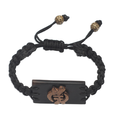 Ebony wood and macrame pendant bracelet, 'Except God' - African Adinkra Symbol Pendant Bracelet
