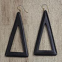 Ebony wood dangle earrings, 'Beautiful Triangles'