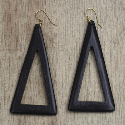 Ebony wood dangle earrings, 'Beautiful Triangles' - Triangular Ebony Wood Dangle Earrings from Ghana