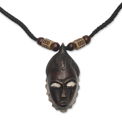 Wood and recycled plastic pendant necklace, 'Baule Portrait' - Baule-Inspired Sese Wood Pendant Necklace from Ghana