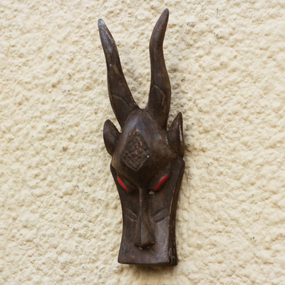 African wood mask, 'Horned Crocodile' - Hand-Carved Wood Horned Animal African Mask from Ghana