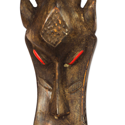 African wood mask, 'Horned Crocodile' - Hand-Carved Wood Horned Animal African Mask from Ghana