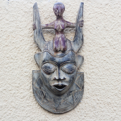 African wood mask, 'Horned Mother' - Rustic Horned African Wood Mask from Ghana