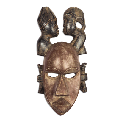 African wood mask, 'Two Heads' - Rustic African Wood mask Crafted in Ghana