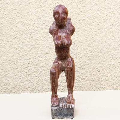 Wood sculpture, 'Posing Woman' - Rustic Sese Wood Female Form Sculpture from Ghana
