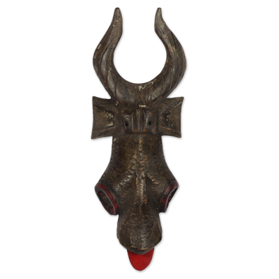 African wood mask, 'Striking Crocodile' - African Sese Wood Horned Animal Mask from Ghana