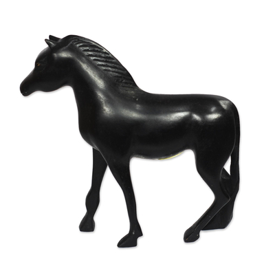Wood sculpture, 'Black Horse' - Hand-Carved Sese Wood Horse Sculpture from Ghana