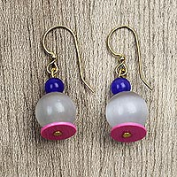 Cat's eye and recycled glass beaded dangle earrings, 'Lovely Beads' - Cat's Eye and Recycled Glass Beaded Dangle Earrings