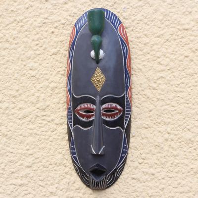 African wood mask, 'Suumo Bird' - Bird-Themed African Wood Mask in Grey from Ghana