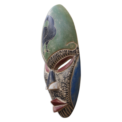 African wood mask, 'Verdant Sankofa' - Sankofa-Themed Rustic African Wood Mask from Ghana