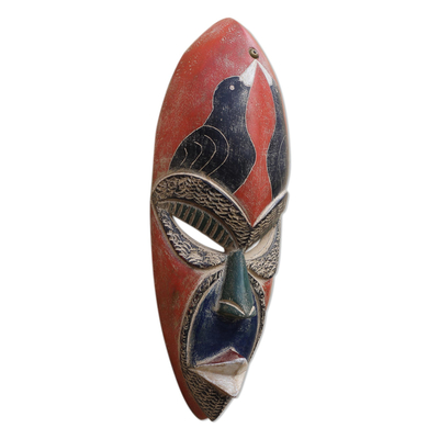 Máscara de madera africana - Máscara de madera de sésé africana con temática de aves de Ghana