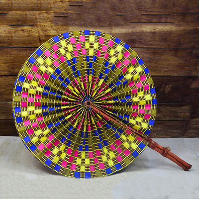 Cotton hand fan, 'Round Mesmerize' - Printed Round Cotton and Leather Hand Fan from Ghana