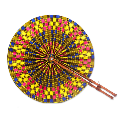 Cotton hand fan, 'Round Mesmerize' - Printed Round Cotton and Leather Hand Fan from Ghana
