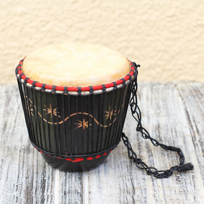 Wood drum, 'Royal Stars' - Star Pattern Tweneboa Wood Drum from Ghana
