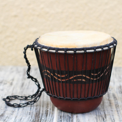 Wood drum, 'Royal Waves' - Wave Pattern Tweneboa Wood Drum from Ghana