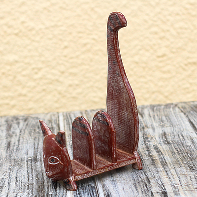 Wood book stand, 'Poised Cat' - Rustic Sese Wood Cat Book Stand from Ghana