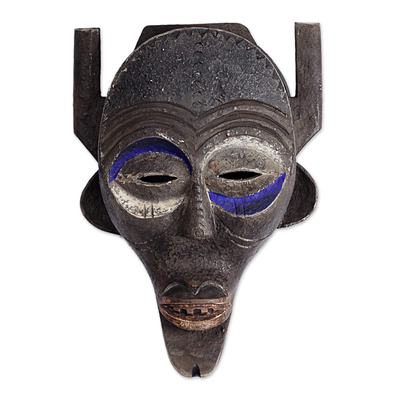 African wood mask, 'Zimba Horns' - Zimba-Inspired African Wood Mask from Ghana
