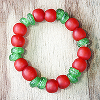 Red and Green Recycled Glass Beaded Stretch Bracelet,'Karis Colors'