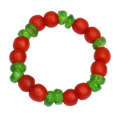 Recycled glass beaded stretch bracelet, 'Karis Colors' - Red and Green Recycled Glass Beaded Stretch Bracelet